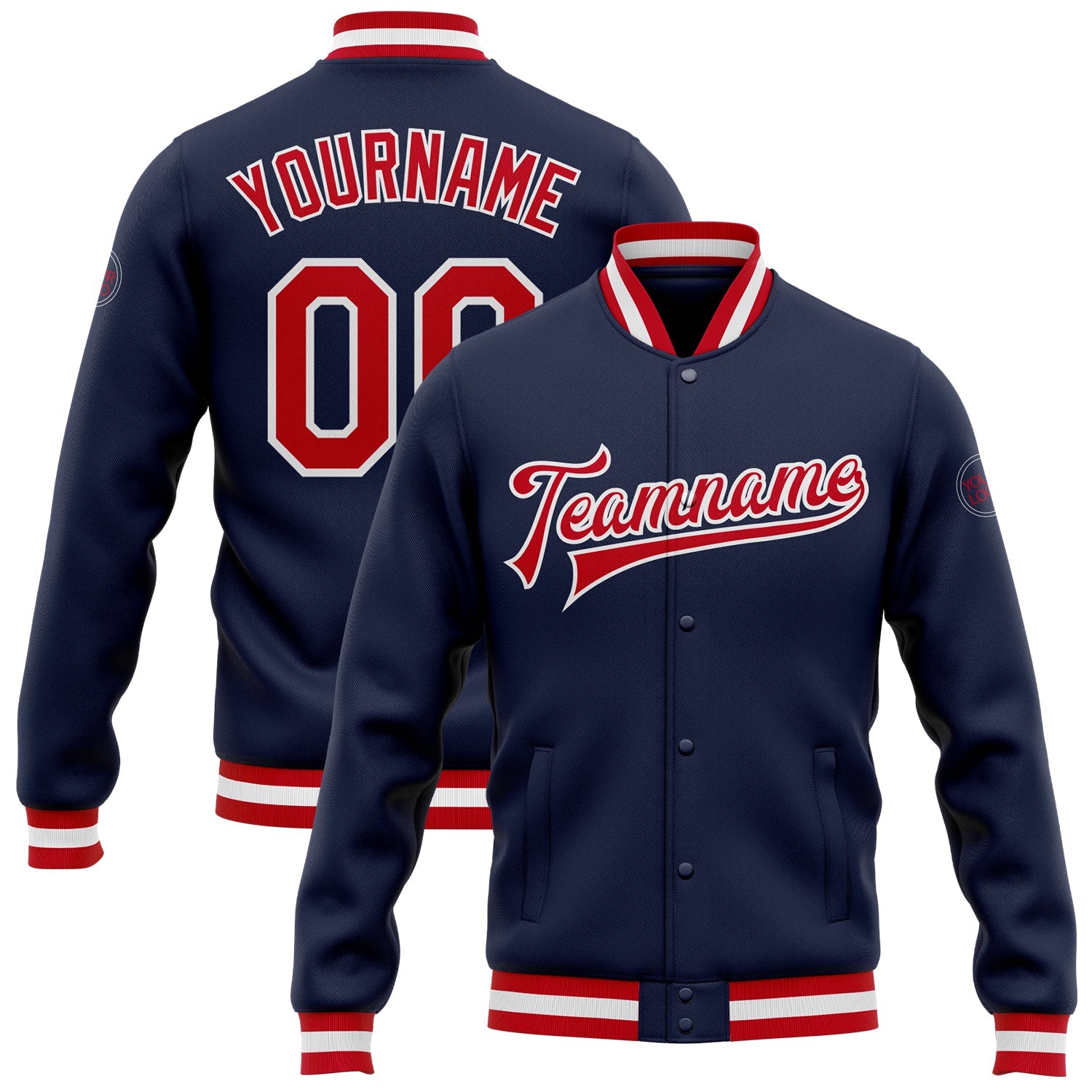 Custom Navy Red-White Bomber Full-Snap Varsity Letterman Jacket - Main View