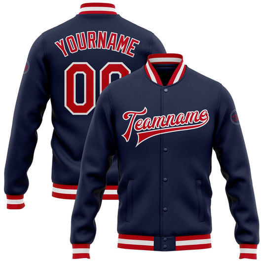 Custom Navy Red-White Bomber Full-Snap Varsity Letterman Jacket - Main View