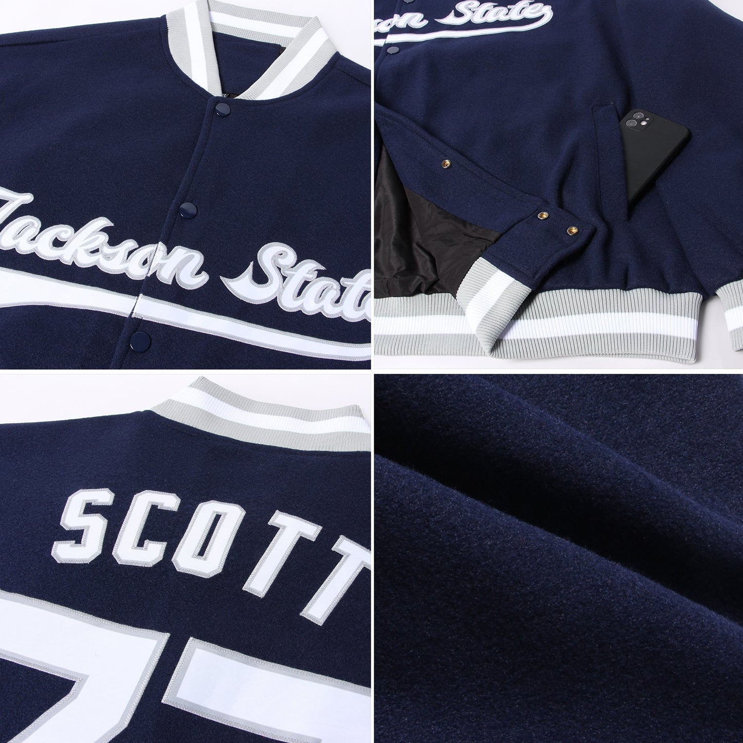 Custom Navy White-Gray Bomber Full-Snap Varsity Letterman Jacket view 4