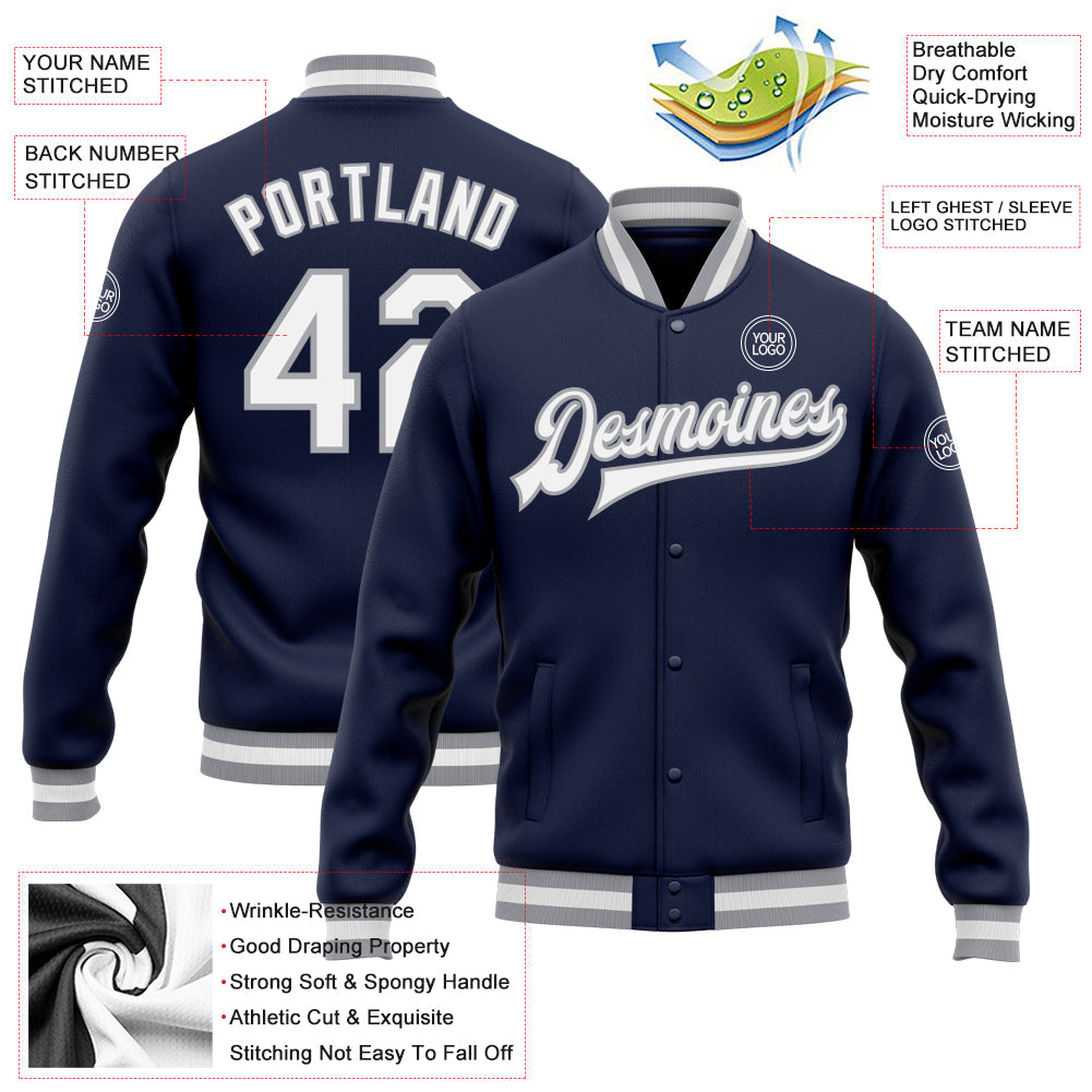 Custom Navy White-Gray Bomber Full-Snap Varsity Letterman Jacket view 5