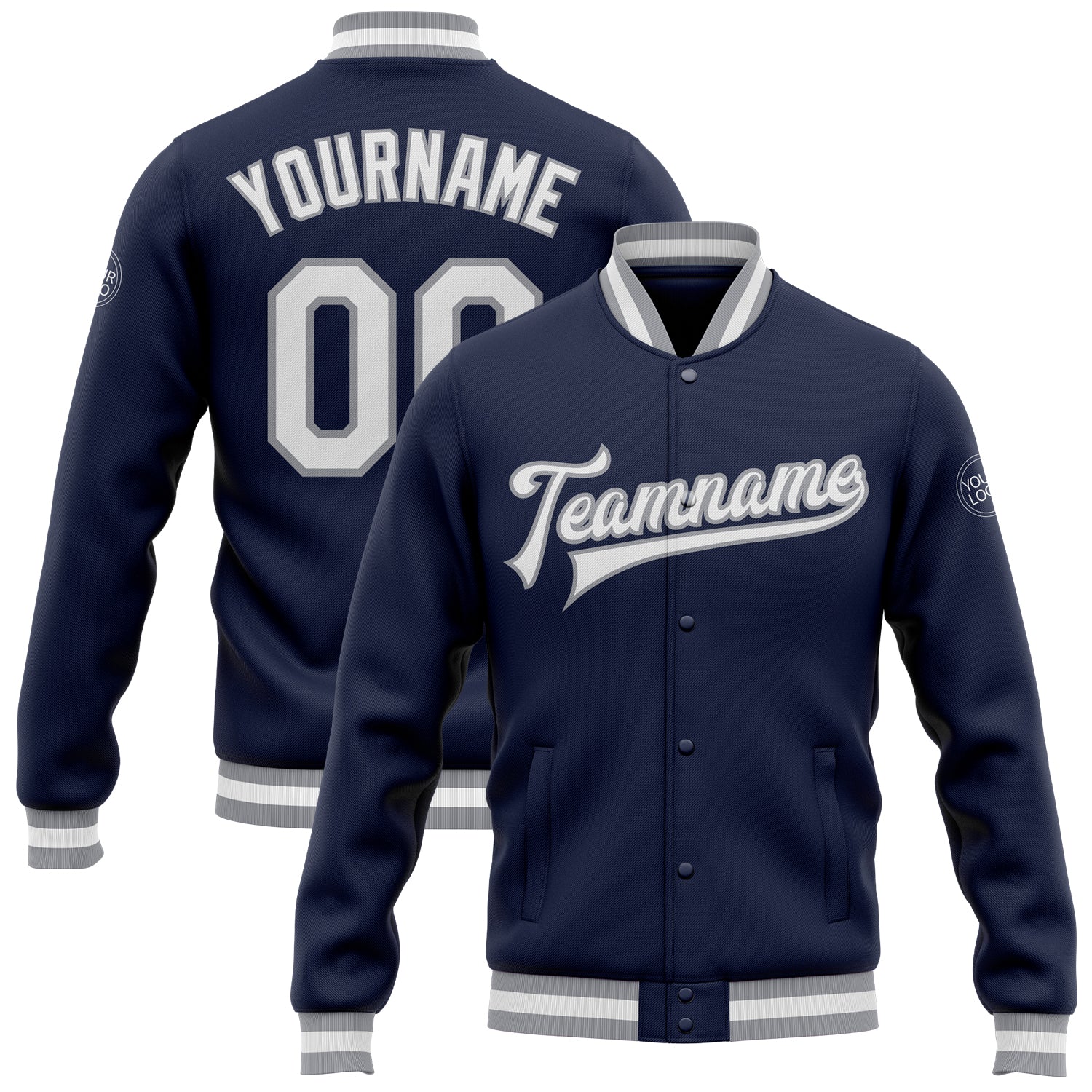 Custom Navy White-Gray Bomber Full-Snap Varsity Letterman Jacket - Main View