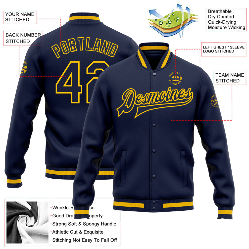 Custom Navy Navy-Gold Bomber Full-Snap Varsity Letterman Jacket view 5