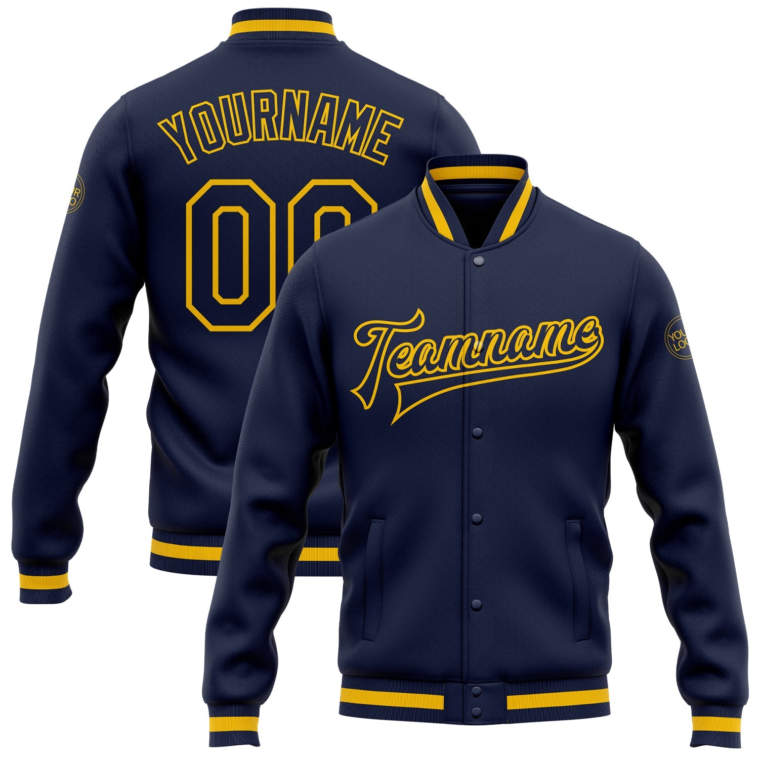 Custom Navy Navy-Gold Bomber Full-Snap Varsity Letterman Jacket - Main View