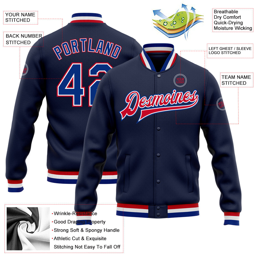 Custom Navy Royal-Red Bomber Full-Snap Varsity Letterman Jacket view 5