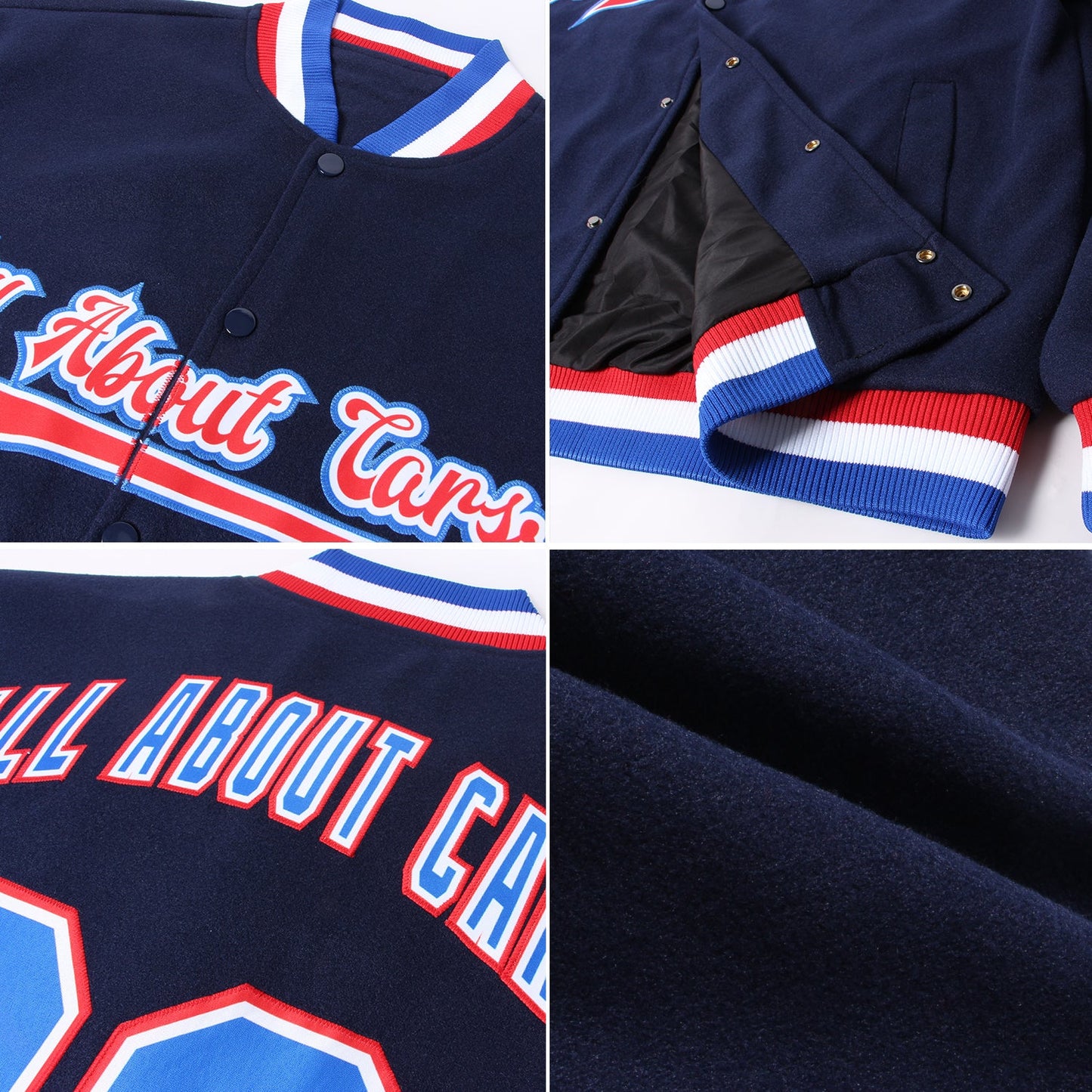 Custom Navy Royal-Red Bomber Full-Snap Varsity Letterman Jacket view 4