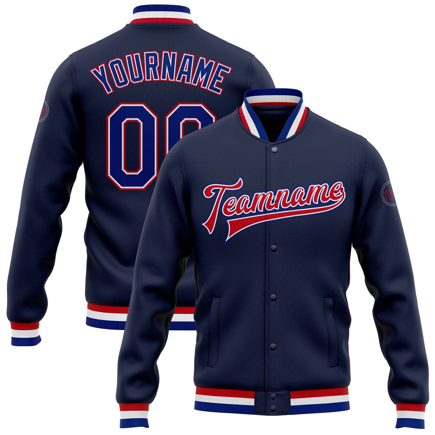Custom Navy Royal-Red Bomber Full-Snap Varsity Letterman Jacket - Main View