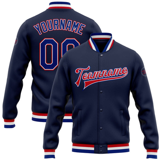 Custom Navy Royal-Red Bomber Full-Snap Varsity Letterman Jacket - Main View