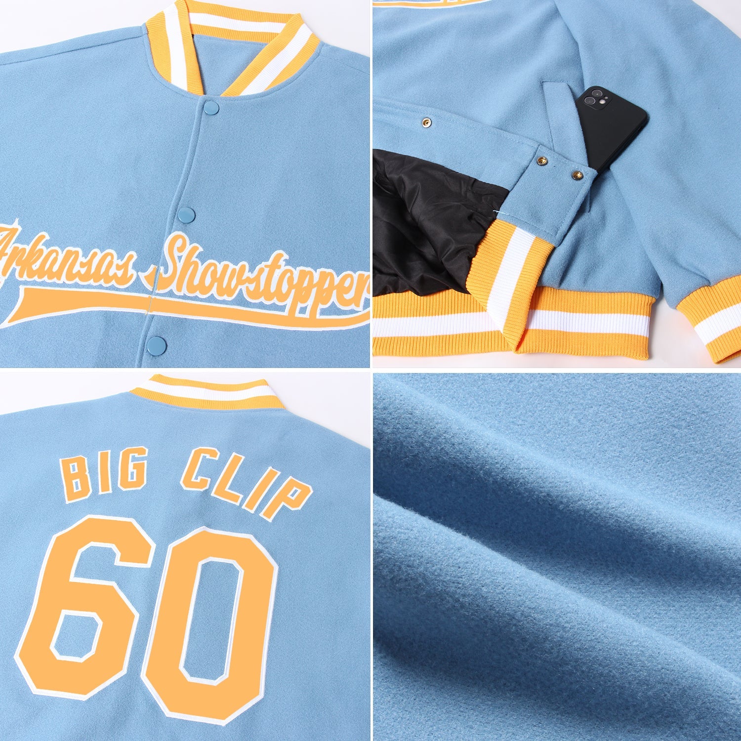 Custom Light Blue Gold-White Bomber Full-Snap Varsity Letterman Jacket view 4