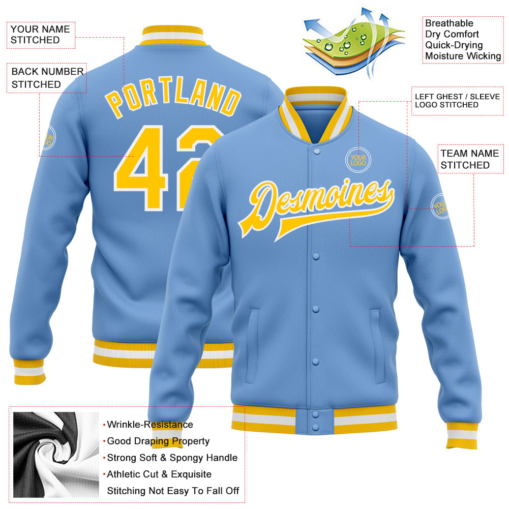 Custom Light Blue Gold-White Bomber Full-Snap Varsity Letterman Jacket view 5