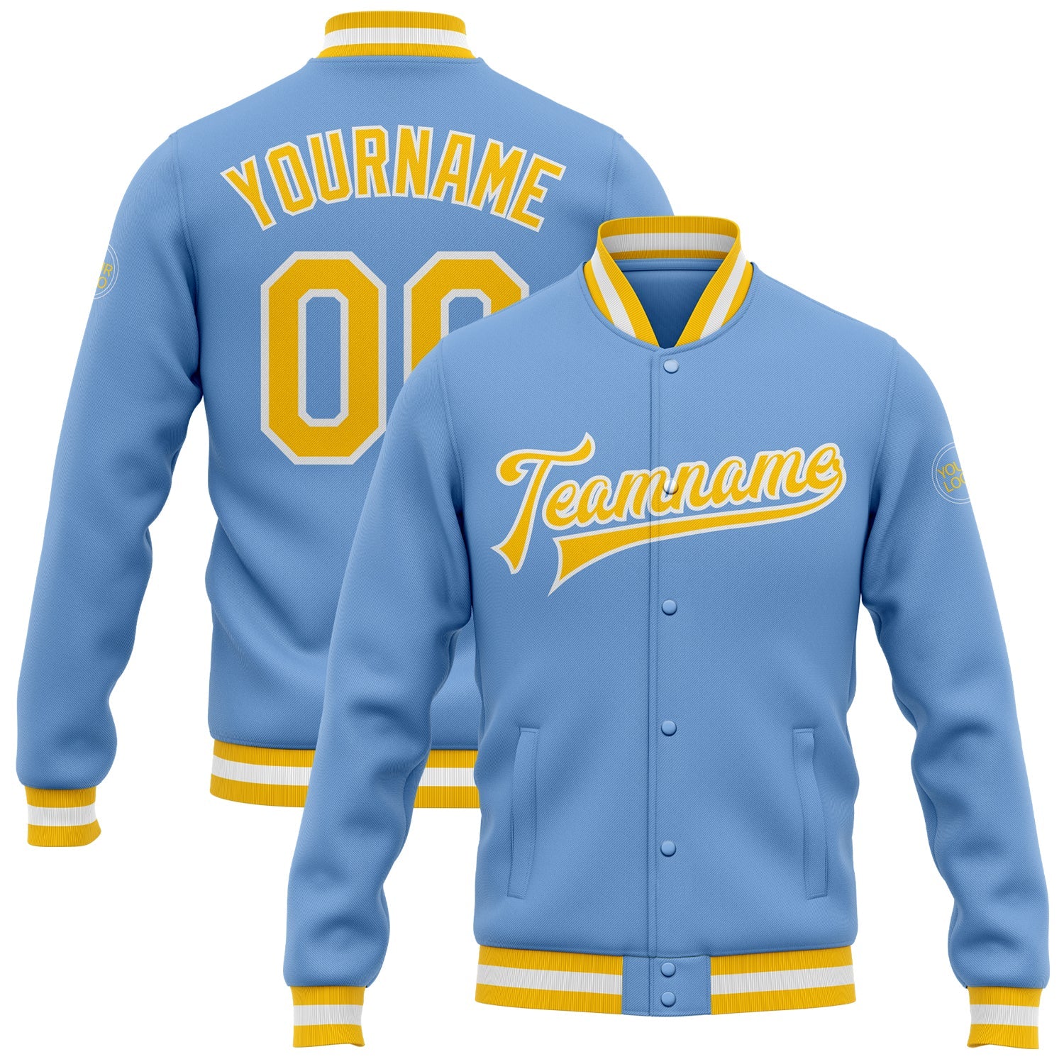 Custom Light Blue Gold-White Bomber Full-Snap Varsity Letterman Jacket - Main View