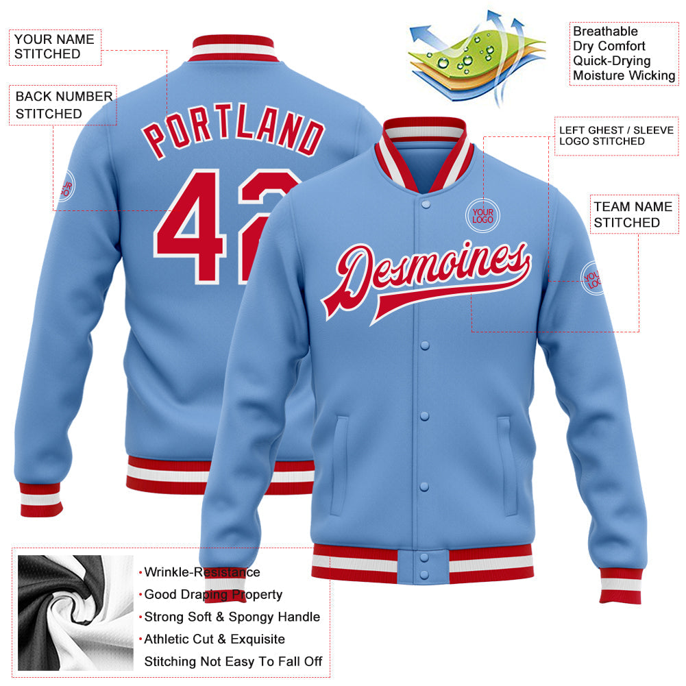 Custom Light Blue Red-White Bomber Full-Snap Varsity Letterman Jacket view 5