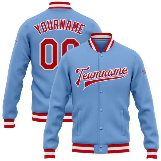 Custom Light Blue Red-White Bomber Full-Snap Varsity Letterman Jacket - Main View