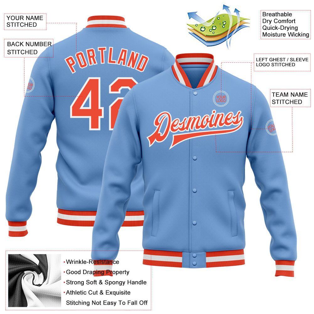 Custom Light Blue Orange-White Bomber Full-Snap Varsity Letterman Jacket view 5