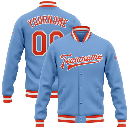 Custom Light Blue Orange-White Bomber Full-Snap Varsity Letterman Jacket - Main View
