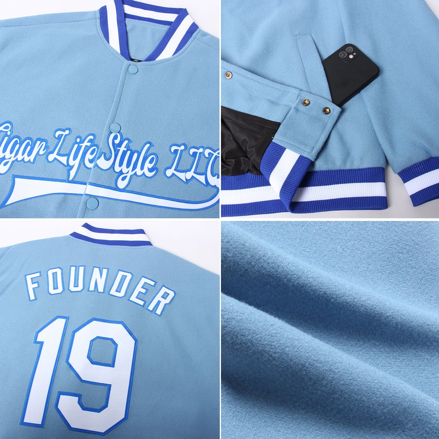 Custom Light Blue White-Royal Bomber Full-Snap Varsity Letterman Jacket view 4