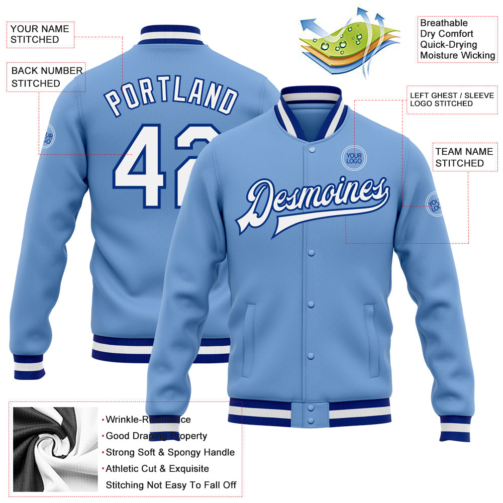 Custom Light Blue White-Royal Bomber Full-Snap Varsity Letterman Jacket view 5