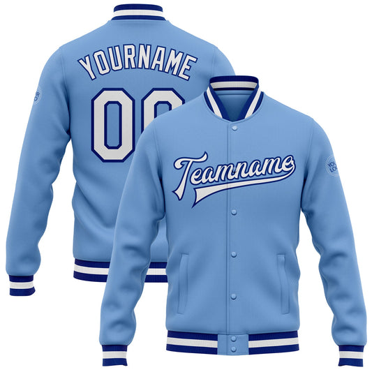 Custom Light Blue White-Royal Bomber Full-Snap Varsity Letterman Jacket - Main View
