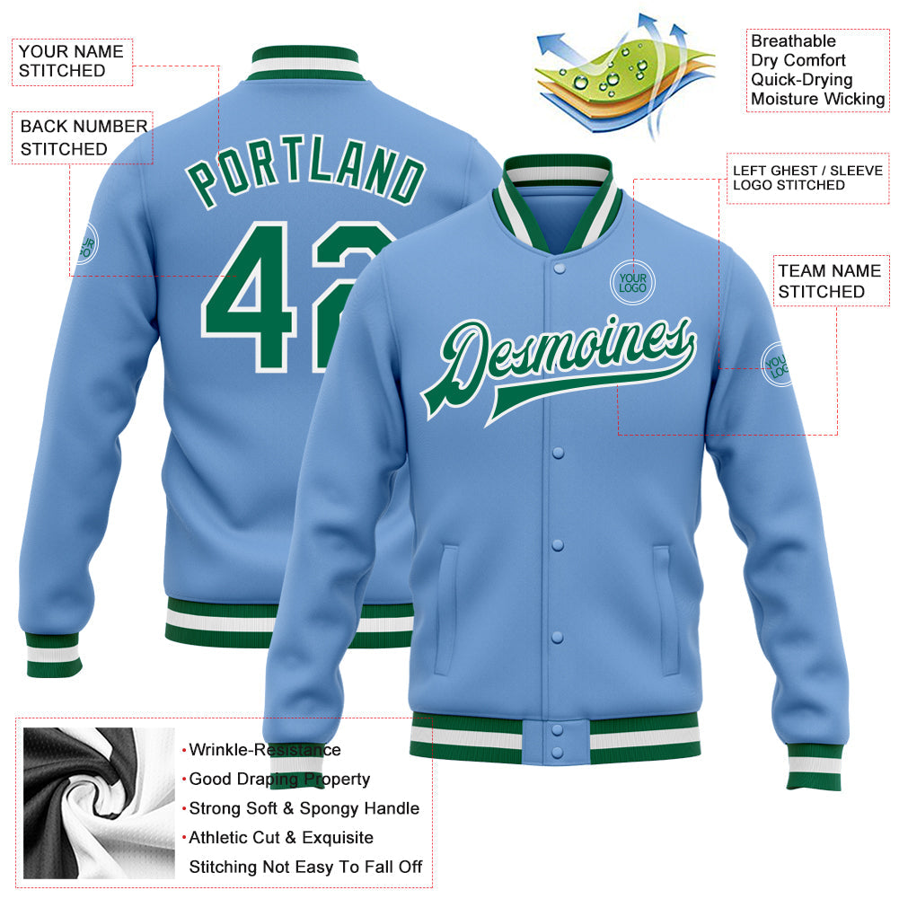 Custom Light Blue Kelly Green-White Bomber Full-Snap Varsity Letterman Jacket view 5