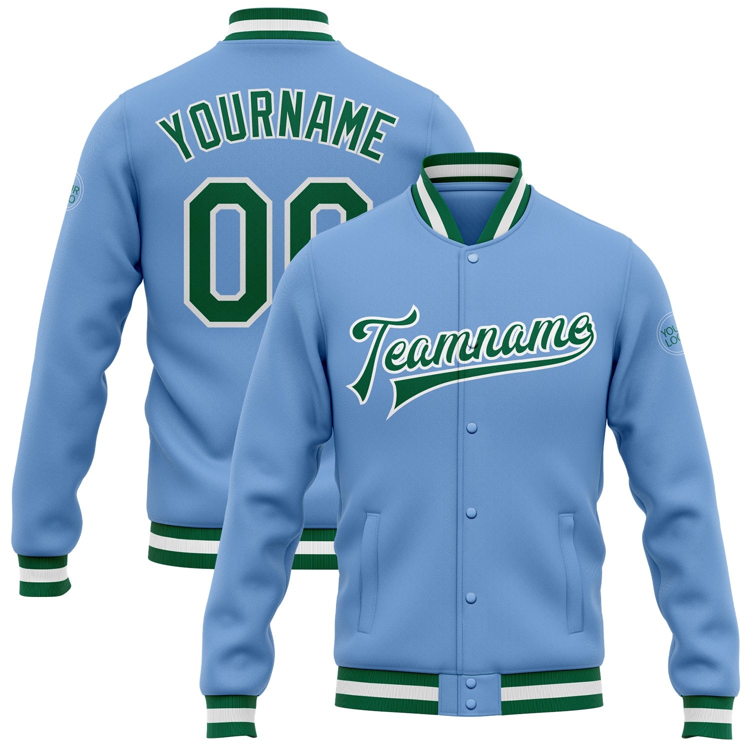 Custom Light Blue Kelly Green-White Bomber Full-Snap Varsity Letterman Jacket - Main View