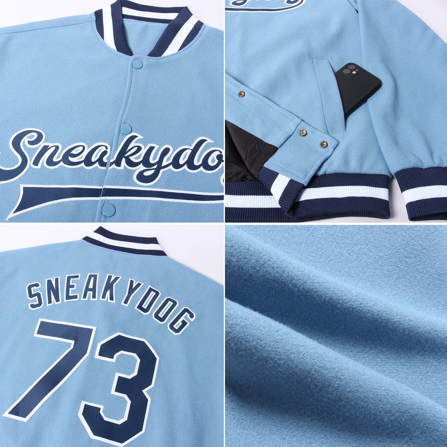 Custom Light Blue Navy-White Bomber Full-Snap Varsity Letterman Jacket view 4