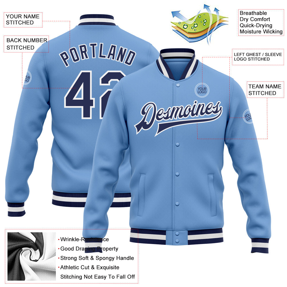 Custom Light Blue Navy-White Bomber Full-Snap Varsity Letterman Jacket view 5