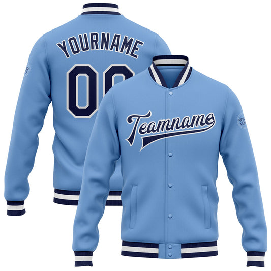 Custom Light Blue Navy-White Bomber Full-Snap Varsity Letterman Jacket - Main View