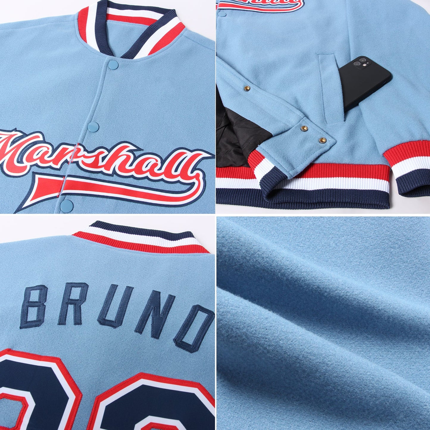 Custom Light Blue Navy White-Red Bomber Full-Snap Varsity Letterman Jacket view 4