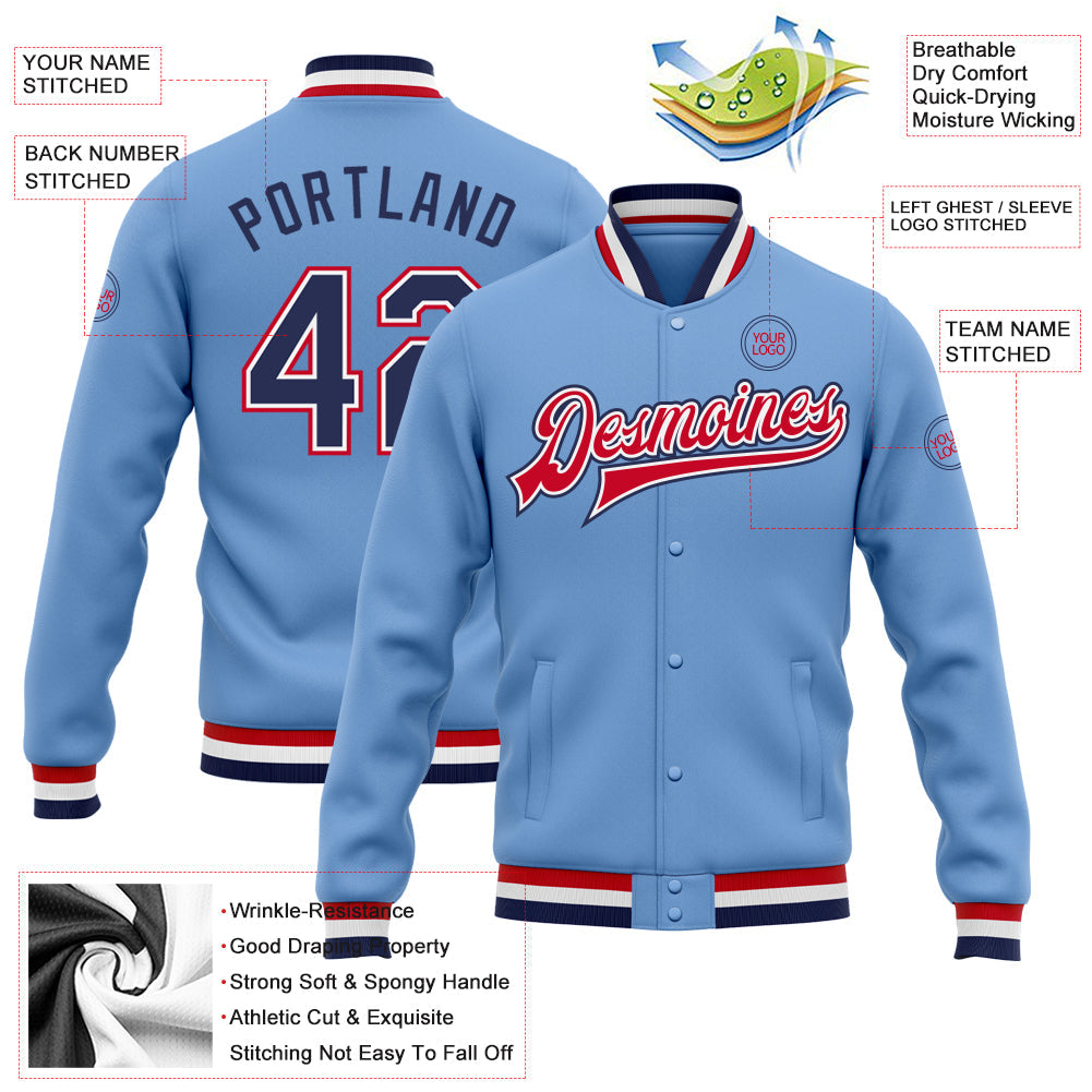 Custom Light Blue Navy White-Red Bomber Full-Snap Varsity Letterman Jacket view 5