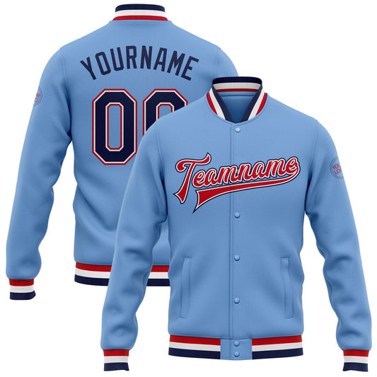 Custom Light Blue Navy White-Red Bomber Full-Snap Varsity Letterman Jacket - Main View