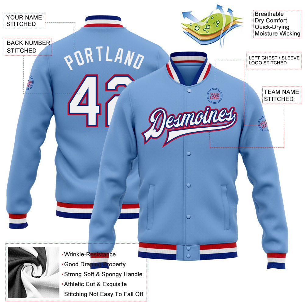 Custom Light Blue White Royal-Red Bomber Full-Snap Varsity Letterman Jacket view 5