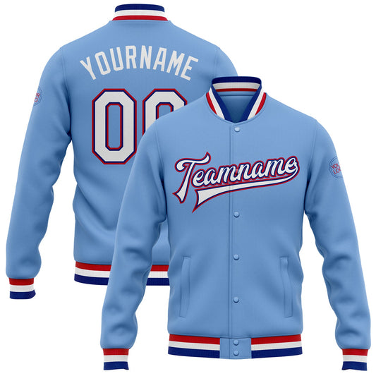 Custom Light Blue White Royal-Red Bomber Full-Snap Varsity Letterman Jacket - Main View