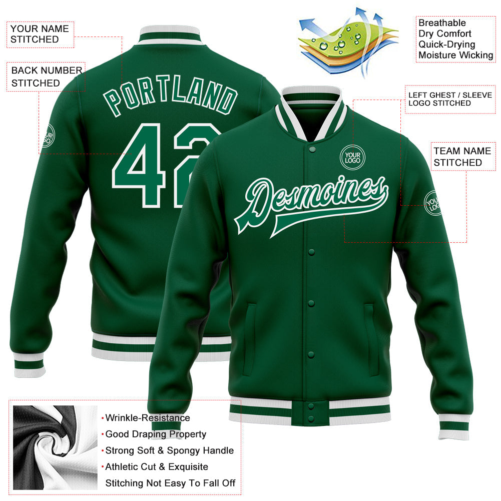 Custom Kelly Green Kelly Green-White Bomber Full-Snap Varsity Letterman Jacket view 5