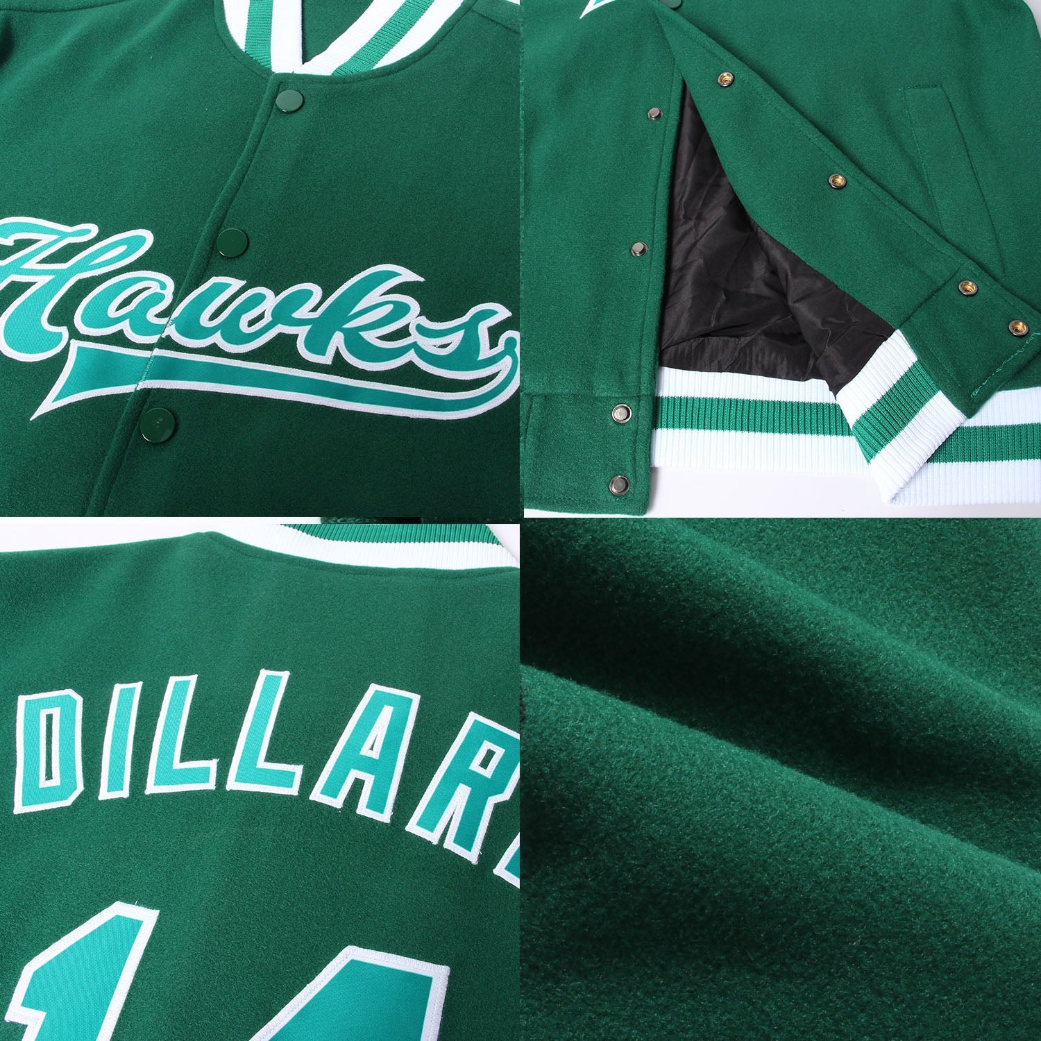Custom Kelly Green Kelly Green-White Bomber Full-Snap Varsity Letterman Jacket view 4
