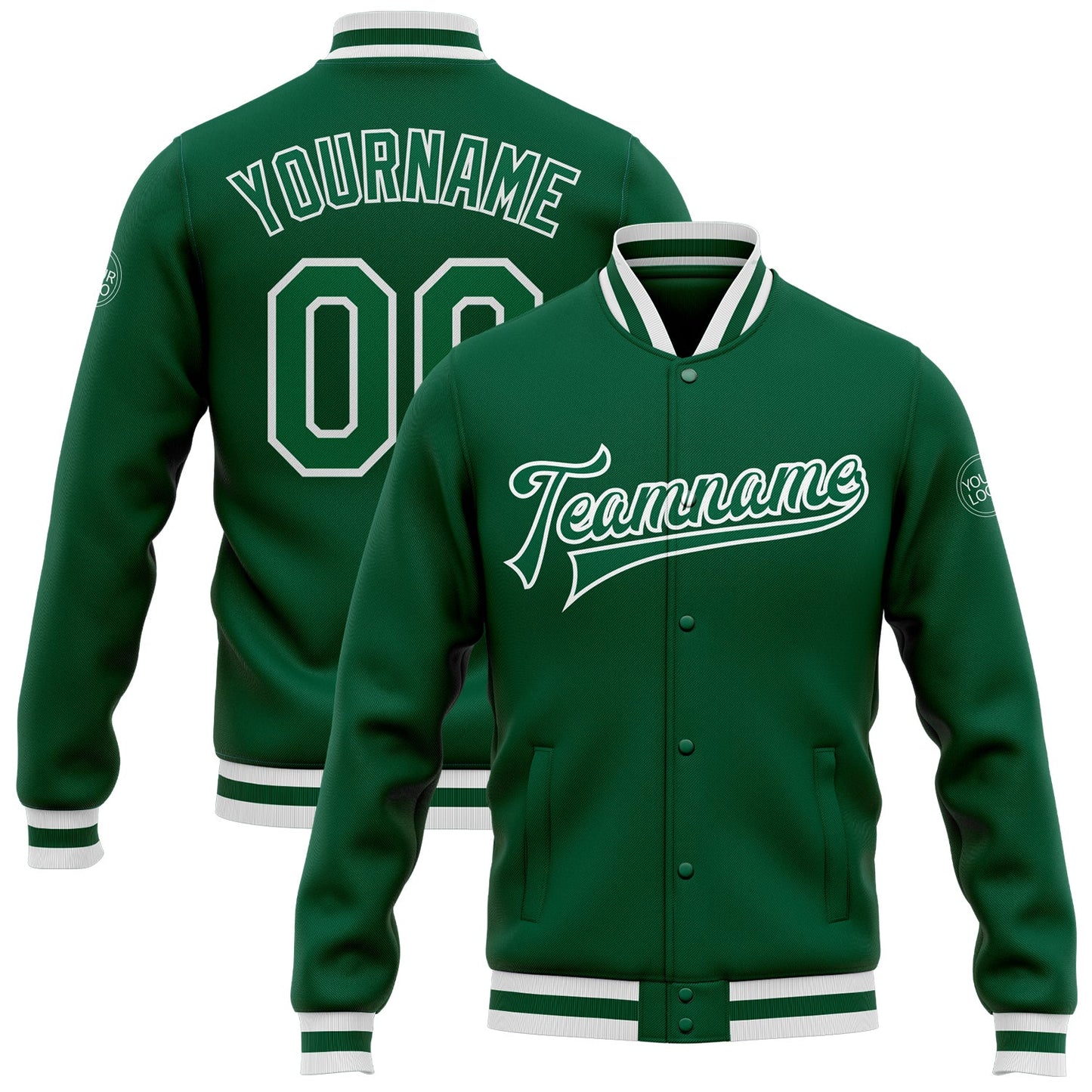 Custom Kelly Green Kelly Green-White Bomber Full-Snap Varsity Letterman Jacket - Main View