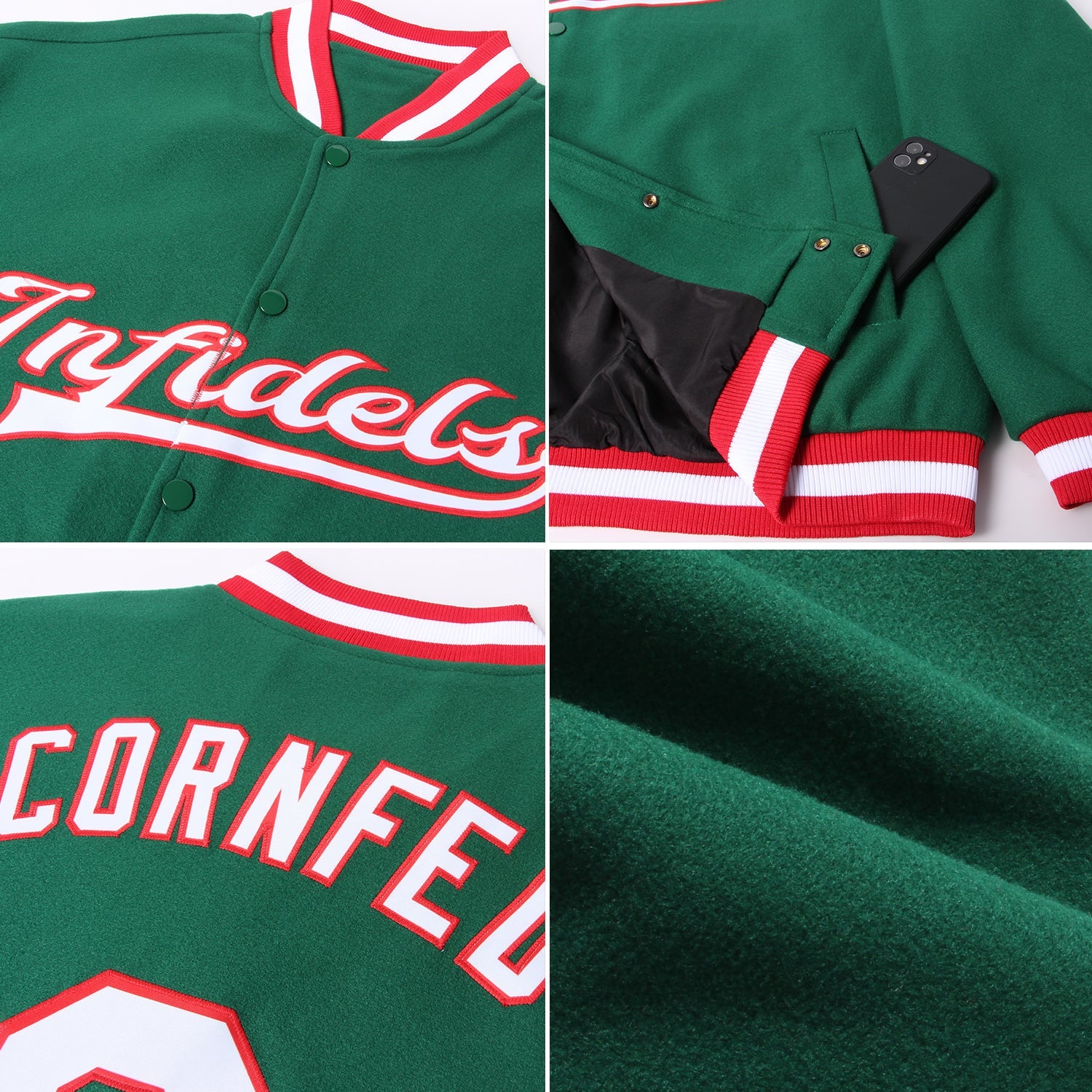 Custom Kelly Green White-Red Bomber Full-Snap Varsity Letterman Jacket view 4
