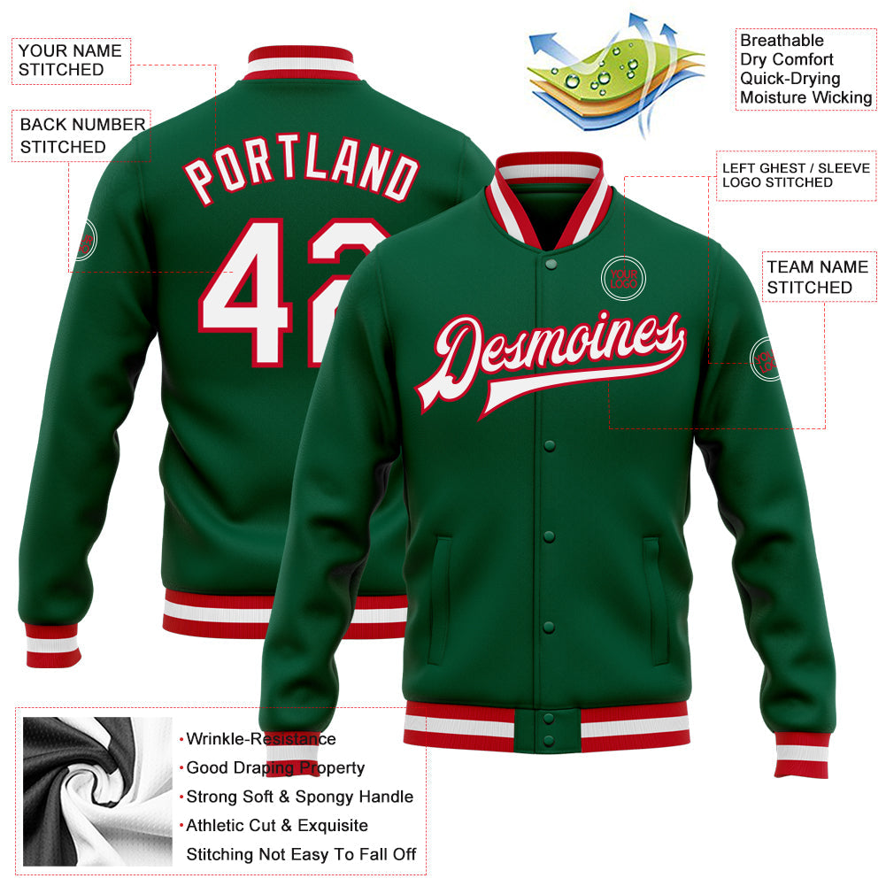Custom Kelly Green White-Red Bomber Full-Snap Varsity Letterman Jacket view 5