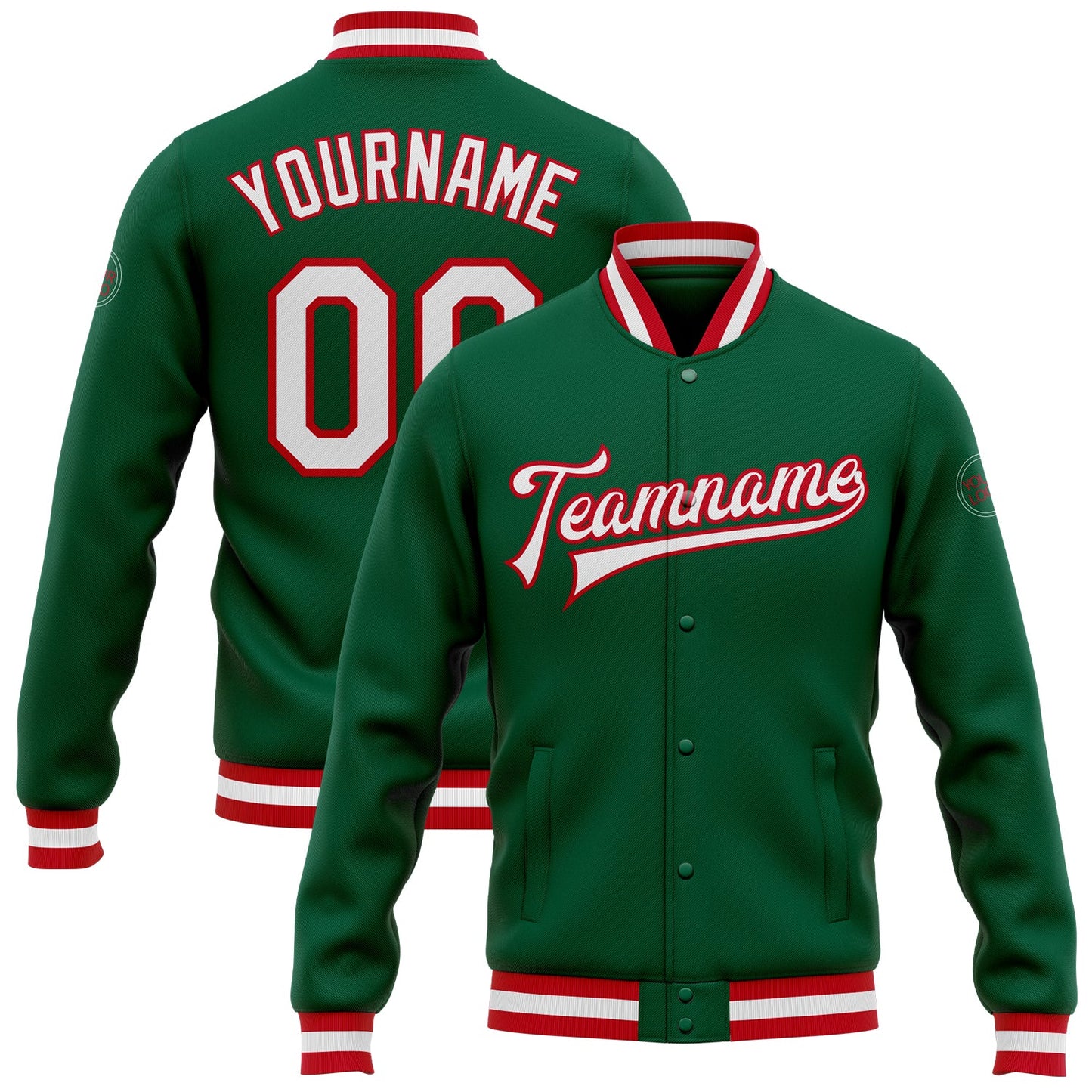 Custom Kelly Green White-Red Bomber Full-Snap Varsity Letterman Jacket - Main View
