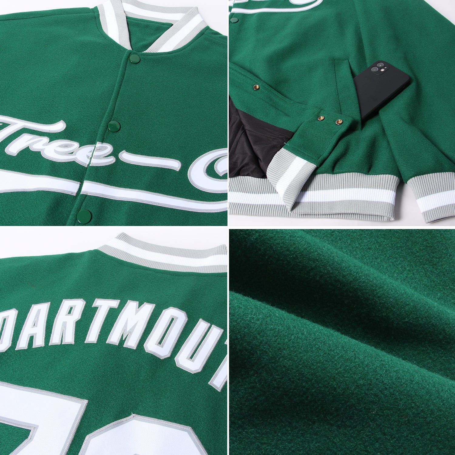 Custom Kelly Green White-Gray Bomber Full-Snap Varsity Letterman Jacket view 4