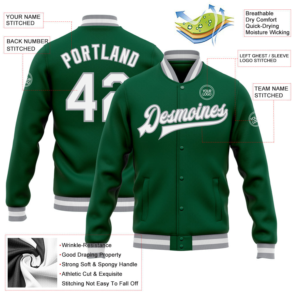 Custom Kelly Green White-Gray Bomber Full-Snap Varsity Letterman Jacket view 5
