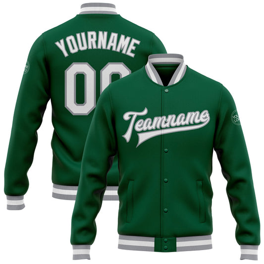 Custom Kelly Green White-Gray Bomber Full-Snap Varsity Letterman Jacket - Main View