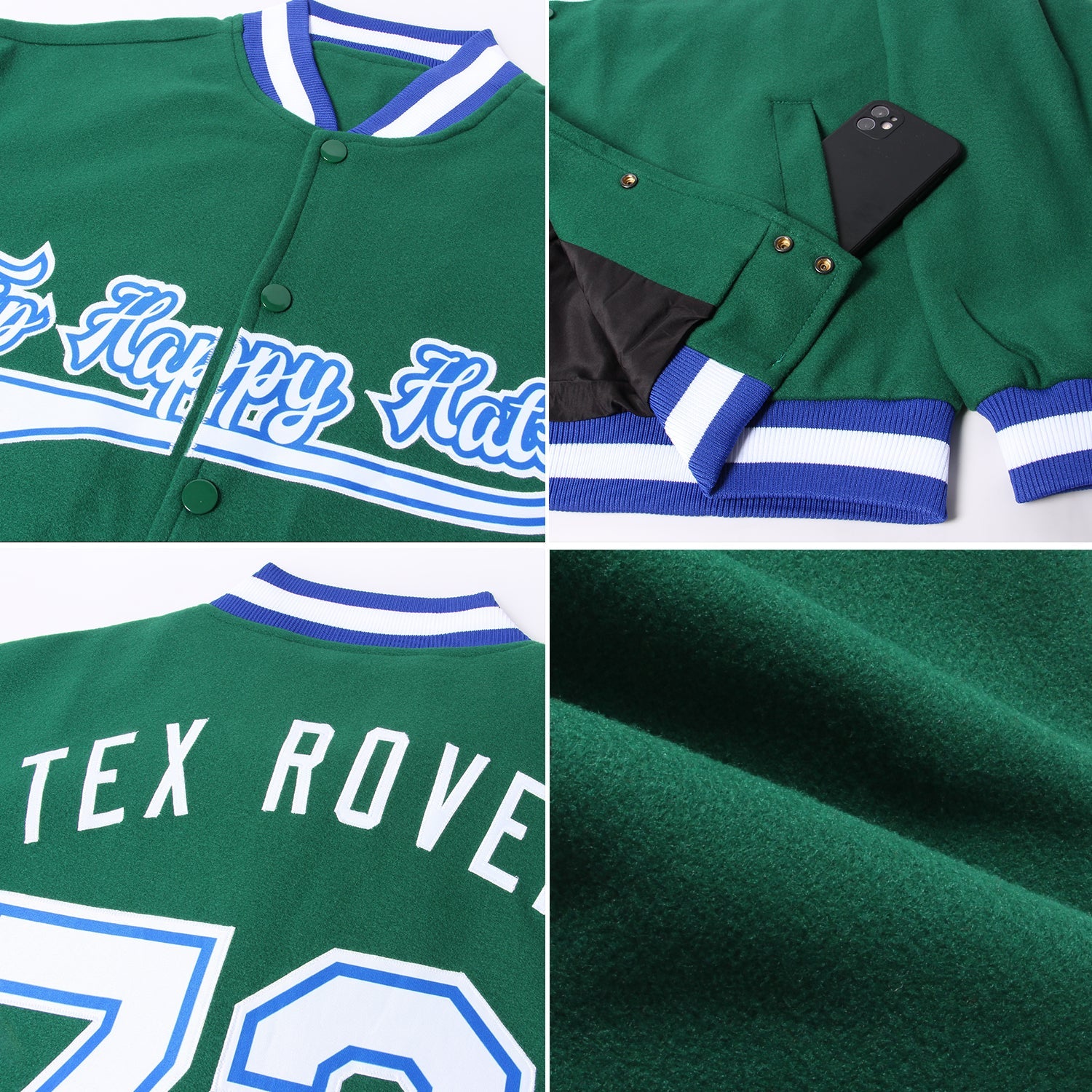 Custom Kelly Green White-Royal Bomber Full-Snap Varsity Letterman Jacket view 4