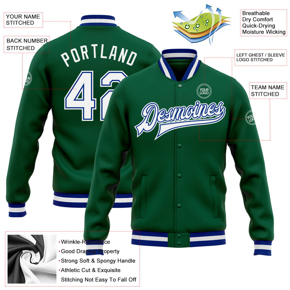 Custom Kelly Green White-Royal Bomber Full-Snap Varsity Letterman Jacket view 5
