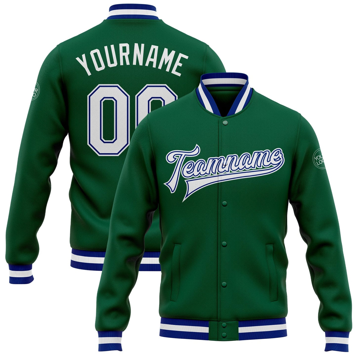 Custom Kelly Green White-Royal Bomber Full-Snap Varsity Letterman Jacket - Main View