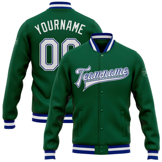 Custom Kelly Green White-Royal Bomber Full-Snap Varsity Letterman Jacket - Main View