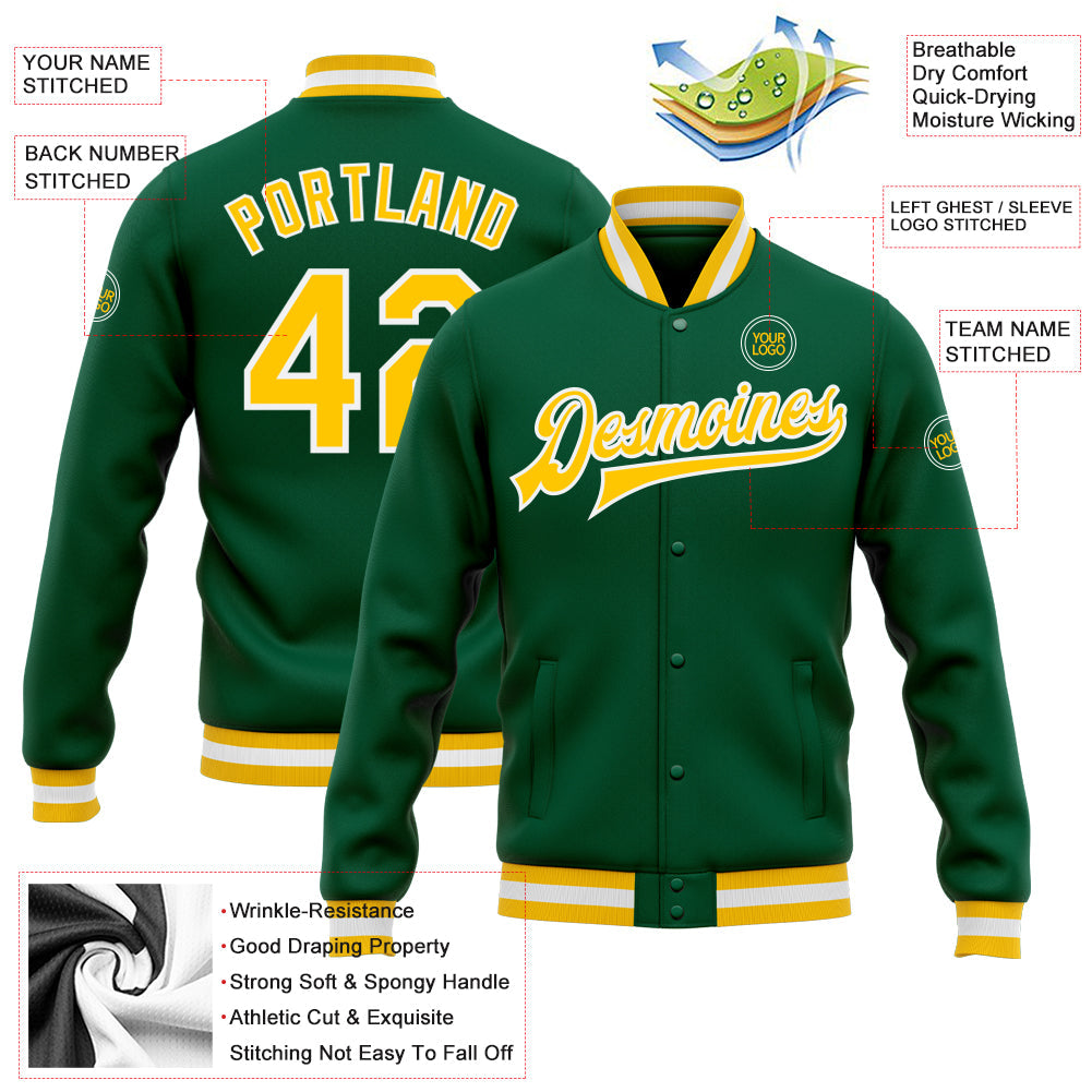 Custom Kelly Green Gold-White Bomber Full-Snap Varsity Letterman Jacket view 5