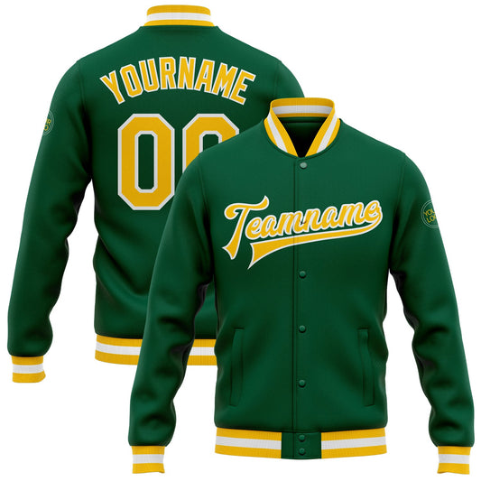 Custom Kelly Green Gold-White Bomber Full-Snap Varsity Letterman Jacket - Main View