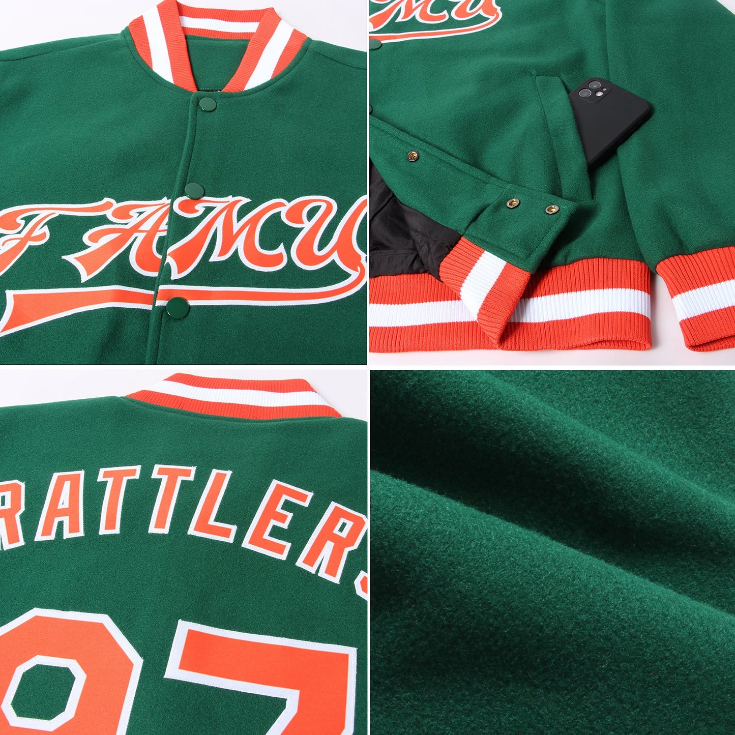 Custom Kelly Green Orange-White Bomber Full-Snap Varsity Letterman Jacket view 4