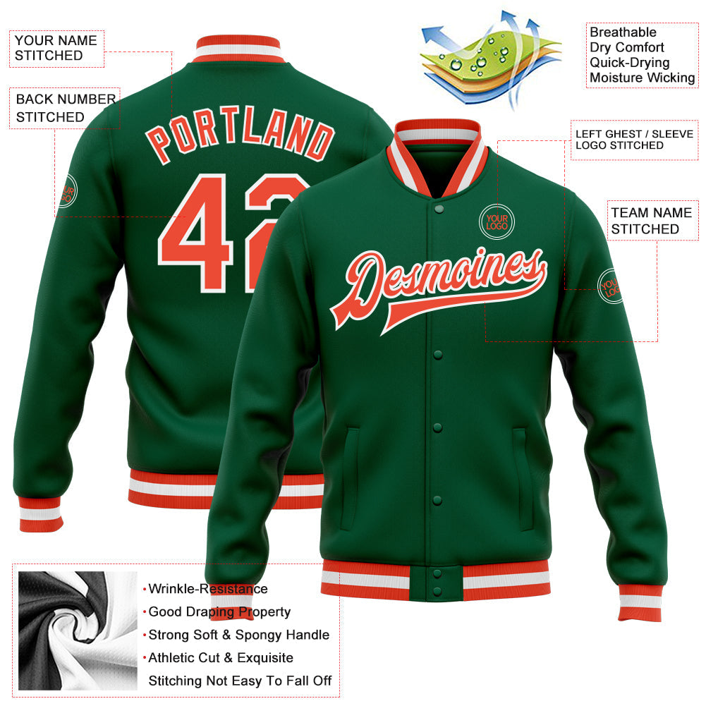 Custom Kelly Green Orange-White Bomber Full-Snap Varsity Letterman Jacket view 5