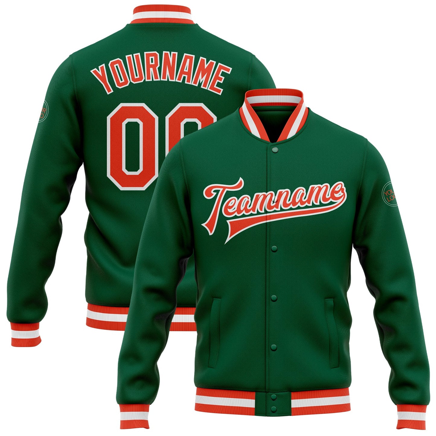 Custom Kelly Green Orange-White Bomber Full-Snap Varsity Letterman Jacket - Main View