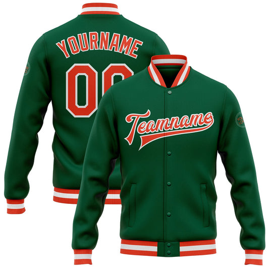 Custom Kelly Green Orange-White Bomber Full-Snap Varsity Letterman Jacket - Main View